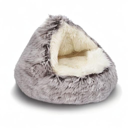 Cat Bed Round Plush Fluffy Hooded Cat Bed Cave (23.0"L x 23.0"W x 6.0"Th / coffee)