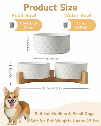 Ceramic Dog Bowl Set of 2 with Wood Stand (M-3.5 Cups / 02-Clover & Daisy)
