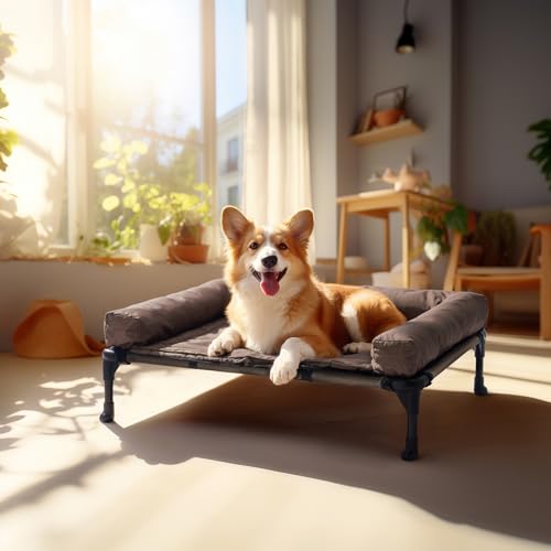 Outdoor Elevated Dog Bed with Waterproof Bolster Cushion (Brown / 32.0"L x 25.0"W x 7.0"Th)
