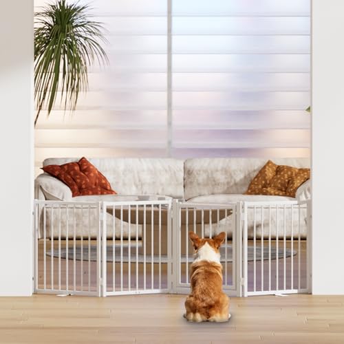 Full Metal Freestanding Dog Gate with Door (【4 Panels】80"W*24H" / White)