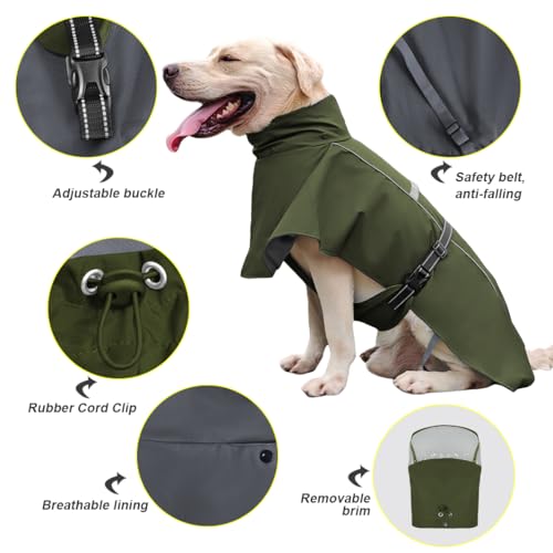 Pet Dog Raincoat Jacket Large Dog Rain Poncho with Transparent Hood (Army Green / L-Fit for 6-12 lbs)