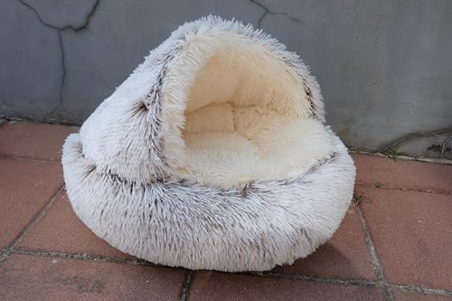 Calming Round Dog Beds &Cat Cave Bed with Hooded Cover (25.6x 25.6inch / Coffee)