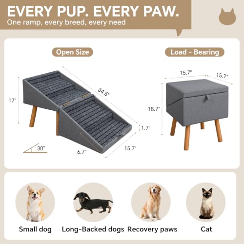 2-in-1 Wooden Pet Stairs & Ottoman 17" H Foldable Dog Ramp with Solid Wood Frame & Tech Cloth Surface Pet Footstool Steps with Non-Slip Surface for Puppy Senior Injured Dogs Couch Bed (Dark Gray / 16.1"L x 16.1"W x 17"H)