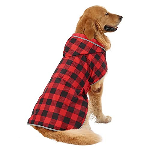 2-in-1 Reversible Dog Raincoat Hooded Poncho Rain Jacket Red Plaid 3XL (XXX-Large / Buffalo Plaid / Red)