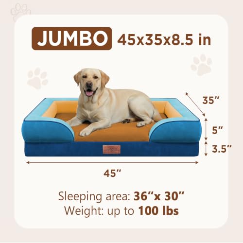 Orthopedic Dog Bed for Extra Large Dogs with Bolster (45.0"L x 35.0"W x 8.5"Th / Golden Harbor)