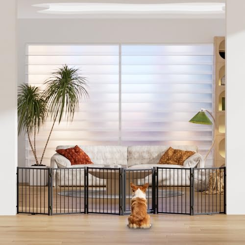 Full Metal Freestanding Dog Gate with Door (【6 Panels】120"W*24H" / Black)