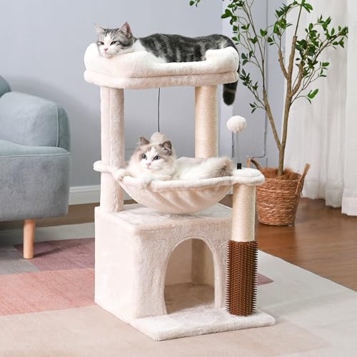 Cat Tree 32” Small Cat Tower with Large Hammock 16”& Self Groomer (Medium-32" / Beige)