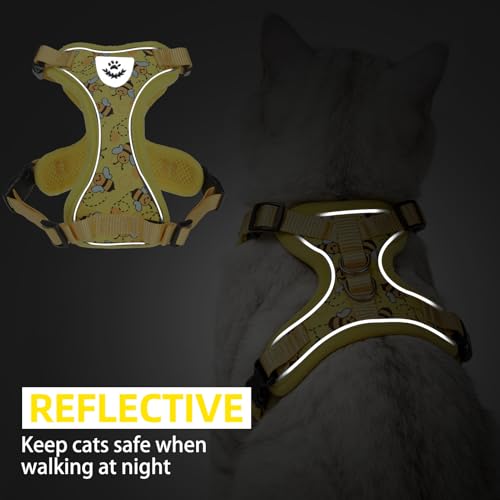Cat Harness and Leash Set Escape Proof Reflective Cat Walking Harness Adjustable Soft Breathable Mesh Vest for Small Pets (S (NECK 9.5"-11", CHEST 13"-16") / Yellow Bee)