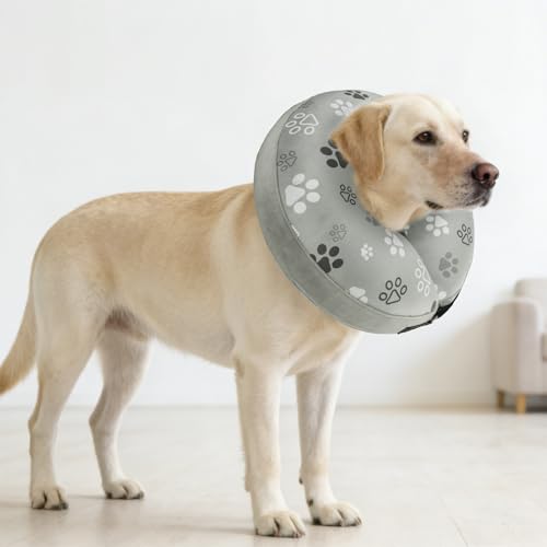 Dog Cone Alternative After Surgery Donut Collar Soft (Grey Footprints / L(Neck 16"-18"))