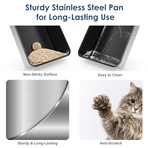 XL Non Sticky Coated Stainless Steel Cat Litter Box with Lid (Light Grey & Black Teflon / Large)