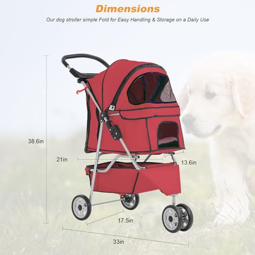 3 Wheel Pet Stroller for Dogs & Cats (Red / 3 Wheels)