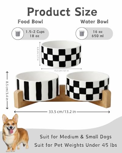 Ceramic Dog Bowl Set of 2 with Wood Stand (M-3.5 Cups / 01-Checkerboard & Stripe)
