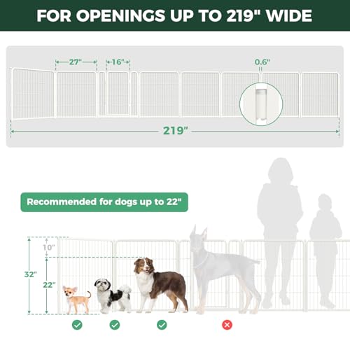 Dog Gate Extra Wide Adjustable for Openings Up to 219" (White / Up to 219" W【7 Panels + 1 Door】 / 32"H)