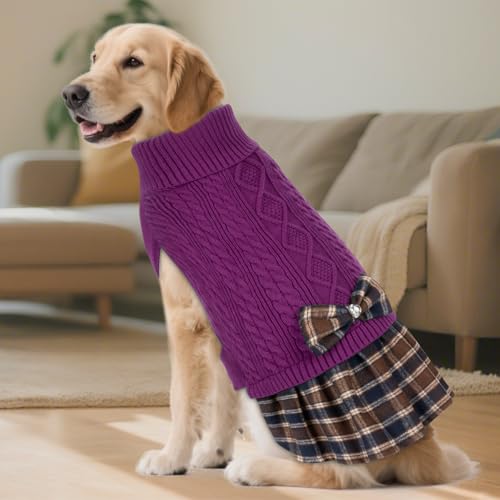 Dog Sweater Dress for Medium Large Dogs Turtleneck Thick Knit (XX-Large (40-70lbs) / 07# purple)