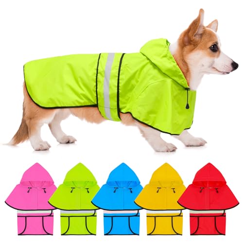Dog Raincoat Reflective Hooded Dog Rain Jacket with Harness Hole (Green / Small)
