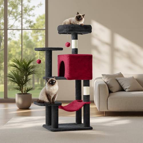 44 Inch Cat Tree Tower with Natural Sisal Scratching Posts (Black Red / 44 Inch)