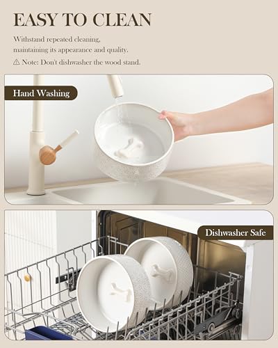 Dog Bowl Set Ceramic Bowls with Walnut Wood Stand (Five-leaf Grass+Honeycomb / 6 Cups)