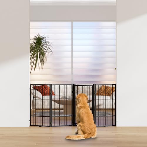 Full Metal Freestanding Dog Gate with Door (【4 Panels】80"W*36H" / Black)