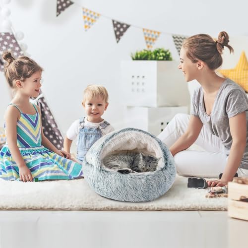Cat Bed Plush Hooded Cat Beds for Indoor Cats (21.0"L x 21.0"W x 15.0"Th / gray)