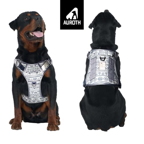 Tactical Dog Harness for Large Dogs (Tribal Patterns-Grey / XL(Neck:20-31",Chest:26-42"),75-135 lbs)
