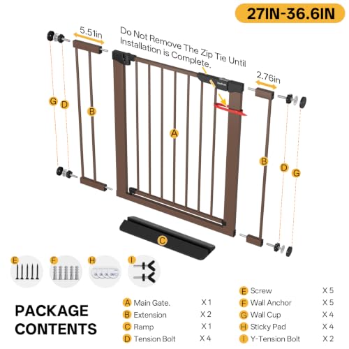 27 36.6 in Wide Baby Gate for Stairs and Doorways (Brown / 27-36.6"W x 28"H)