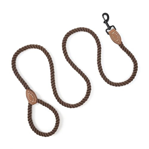 Dog Leash Braided Cotton Rope with Leather (Dark Brown / 60 Inch-1/2")