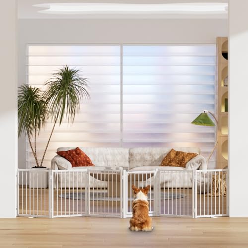 Full Metal Freestanding Dog Gate with Door (【6 Panels】120"W*24H" / White)