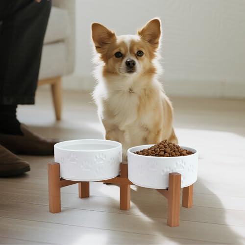 Ceramic Elevated Dog Bowl Set with Acacia Wood Stand for Food and Water for Small Medium Sized Dogs (28.74 Oz / Dog Paw White)