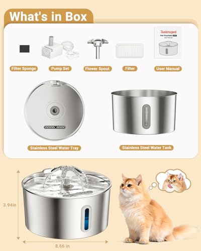 Stainless Steel Cat Water Fountain (3.2L+1 Filters)