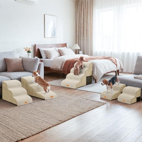 High Density Extended Foam Dog Ramp&Steps 3 Tiers (Beige / 33.1*15.7*15.7)