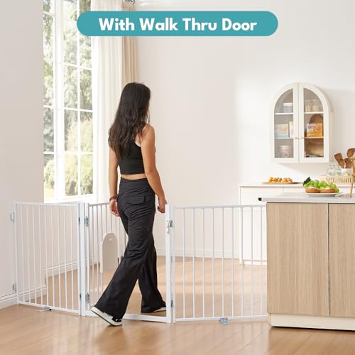 Freestanding Dog Gate with Cat Door for Indoor & Outdoor (White / 【4 Panels with Cat Door】30''Tall, 104" Wide)