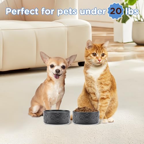 Ceramic Dog and Cat Bowls 2 Pack (5.1 in - 1.7 cups / Paw Black - Only Bowls*2)