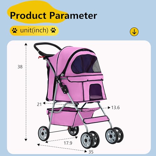 4 Wheel Foldable Pet Stroller (Pink / 4 Wheels)