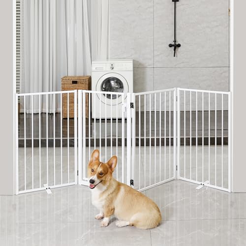 Metal Freestanding Dog Gates with Door for Outdoor Indoor (White / 【4 Panels with Door】 32''H*80''W)