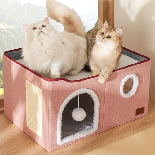 Extra Wide Cat House Bed with Fluffy Ball and Scratch Pad (Pink / Widen)