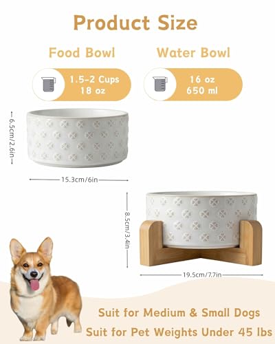 Ceramic Dog Bowl with Wood Stand (M-3.5 Cups / 06-Four-Leaf Clover)