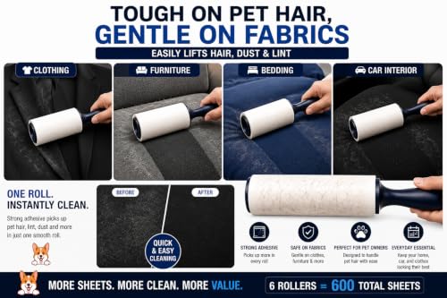 Extra Sticky Lint Roller for Pet Hair (6 Packs)