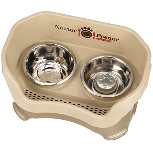 Neater Feeder Deluxe Mess Proof Dog Bowls Elevated for Medium Sized Breeds (Medium with Slow Feed Bowl / Cappuccino)