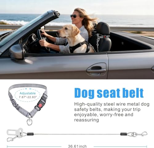 Dog Seat Belt for Car Stainless Steel 3 in 1 Dog Seatbelt 2 Pcs Grey (Gray+Gray)