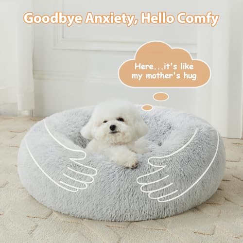 Small Round Calming Dog Bed Cat Bed for Comfy Sleep (24"L x 24"W x 8"Th / light grey)