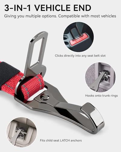3-in-1 Bungee Dog Seat Belt for Car, Medium and Large Dogs, Red (Red / (21.6-31.5) inch)