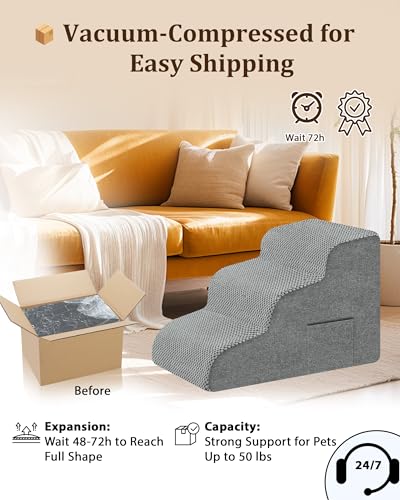 Dog Stairs for Bed & Couch (Grey / 3-Step 15.7"H)