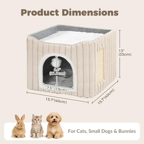 3-in-1 Cat Cave Bed for Indoor Cats with Scratch Pad (Cream)