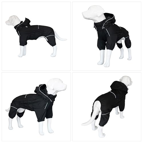 Fleece Lined Dog Raincoat with Removable Hood (Black-Fleeced / M (Back 14"))