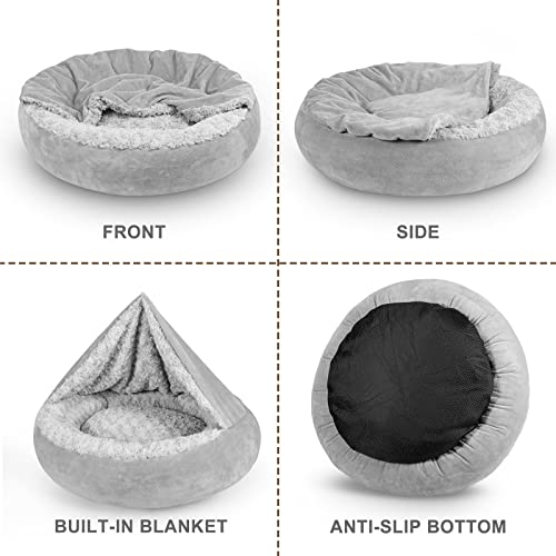 Small Dog Bed Cat Bed with Hooded Blanket (S(23" x 23" x 7") / Grey)