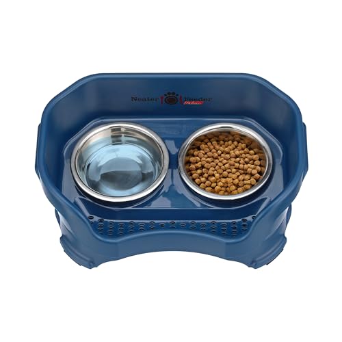 Neater Feeder Deluxe Mess Proof Dog Bowls Elevated for Small Dogs Under 19 lbs (Small with Standard Bowl / Dark Blue)