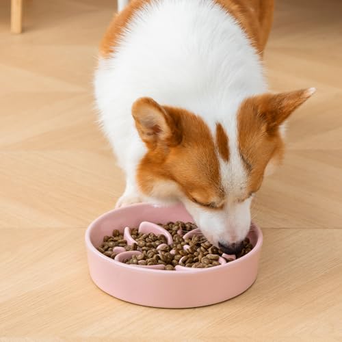 Ceramic Slow Feeder Dog Bowls (M-1.5 Cups / Pink)