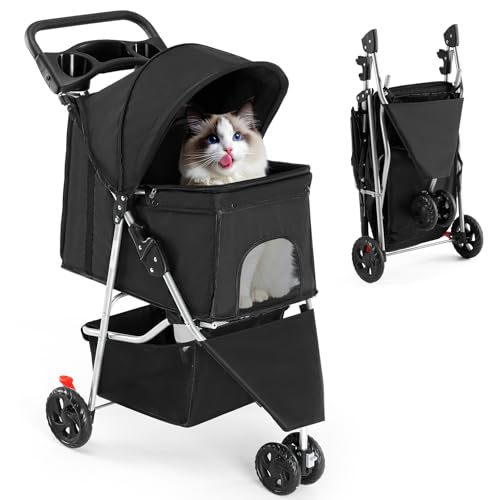 3 Wheel Foldable Pet Stroller for Dogs and Cats (Black / 29.13"×39.37"×17.71")