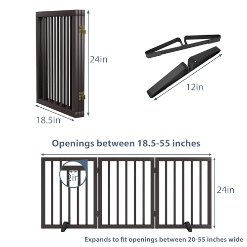 Dog Gates for Doorways Stair House Freestanding Pet Gates for Dogs Wooden Dog Gate with Support Feet Indoor Fence (Espresso / 3 Panel - 55 inches Wide)