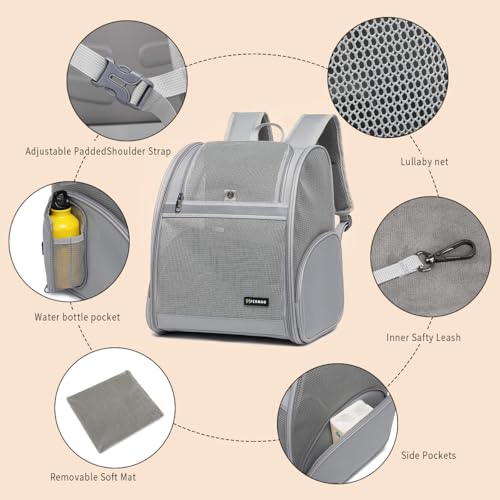 Cat Backpack Carrier for Small Dogs and Medium cat Puppy Kitten Bunny Pet Carrier Backpack Collapsible with Fully Ventilated Mesh with Safety Leash (Gray / 12.9"L x 10.62"W x 15.5"H)